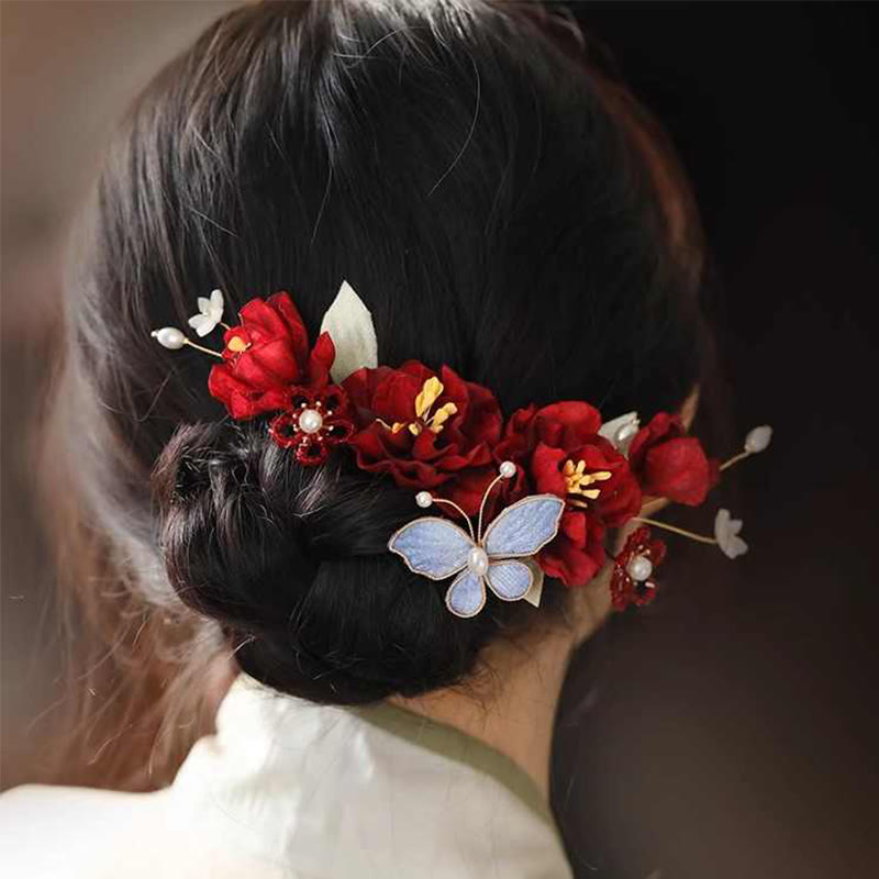 Pince à cheveux chinoise en forme de papillon et de fleur rouge pour mariée