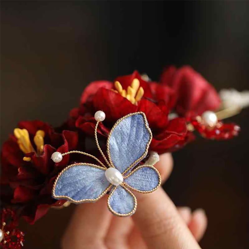 Pince à cheveux chinoise en forme de papillon et de fleur rouge pour mariée