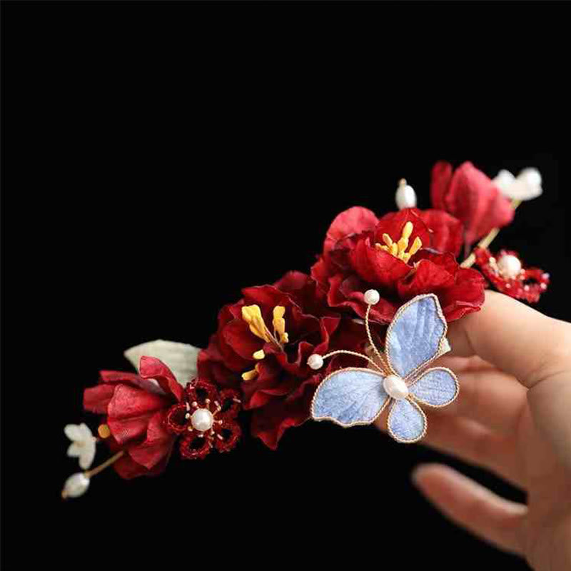 Pince à cheveux chinoise en forme de papillon et de fleur rouge pour mariée