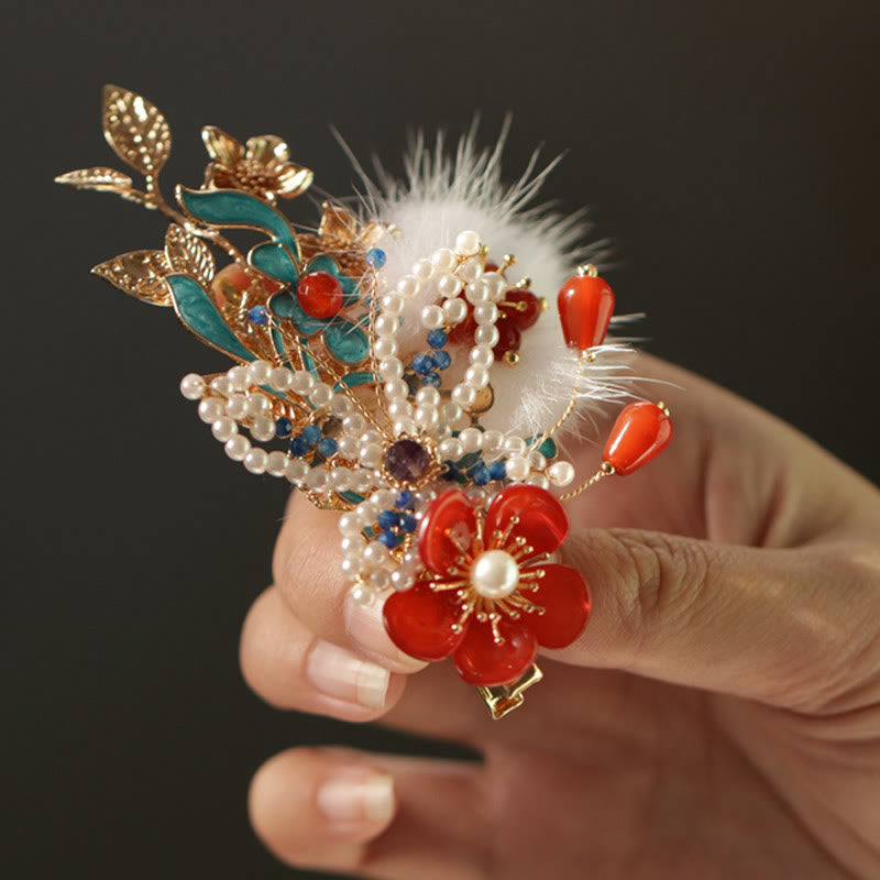 Pince à cheveux chinoise en perles et fleurs rouges | Épingles à cheveux chinoises