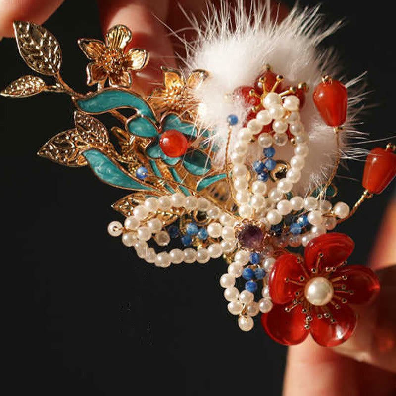 Pince à cheveux chinoise en perles et fleurs rouges | Épingles à cheveux chinoises