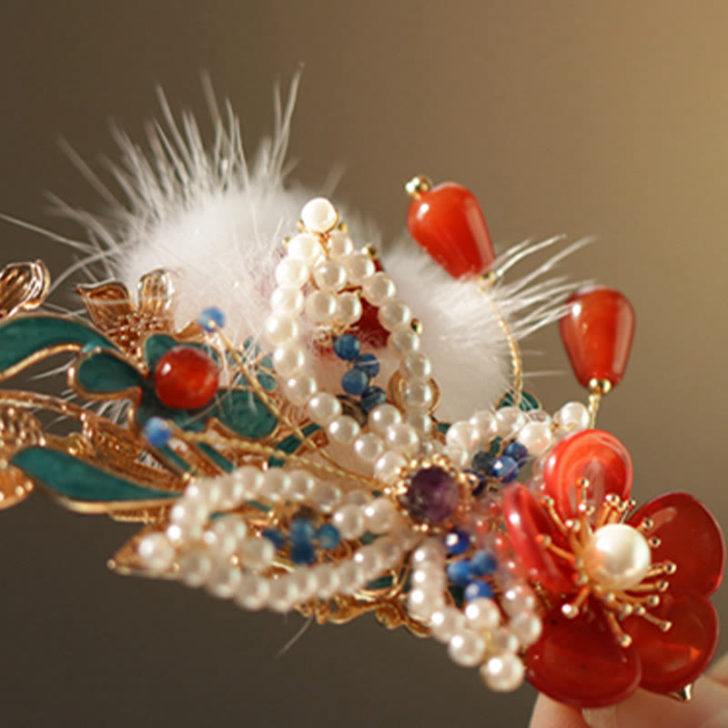 Pince à cheveux chinoise en perles et fleurs rouges | Épingles à cheveux chinoises