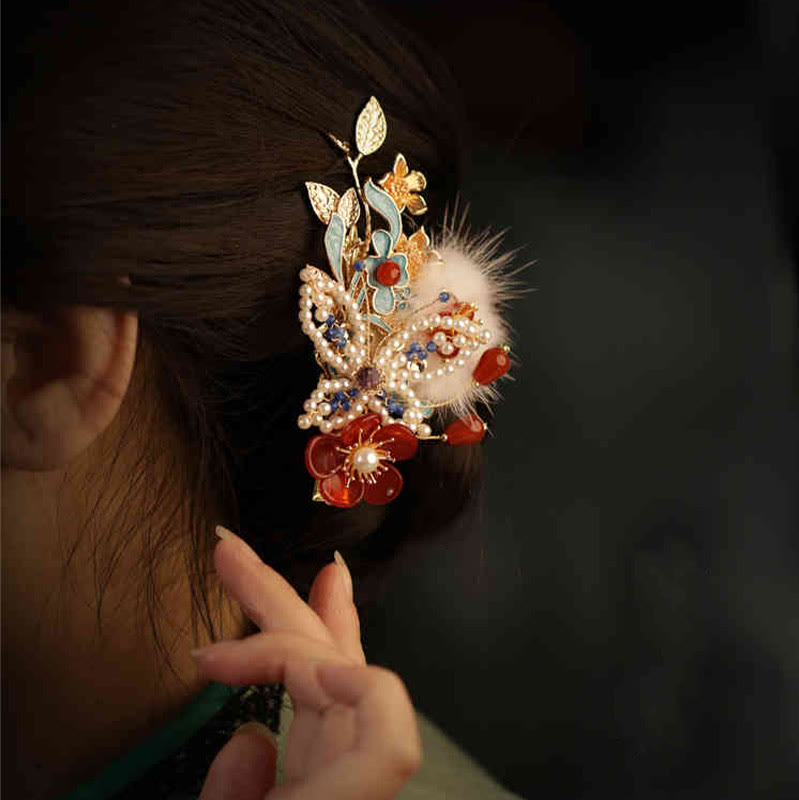 Pince à cheveux chinoise en perles et fleurs rouges | Épingles à cheveux chinoises
