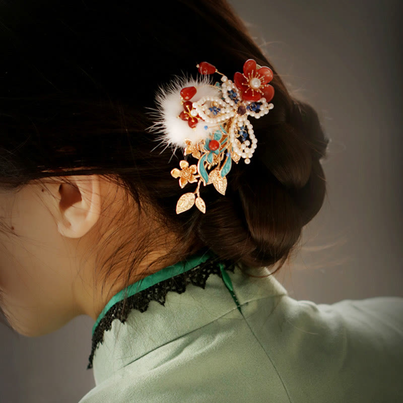 Pince à cheveux chinoise en perles et fleurs rouges | Épingles à cheveux chinoises