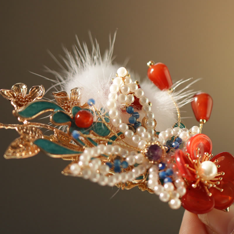 Pince à cheveux chinoise en perles et fleurs rouges | Épingles à cheveux chinoises