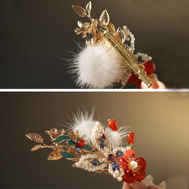 Pince à cheveux chinoise en perles et fleurs rouges | Épingles à cheveux chinoises
