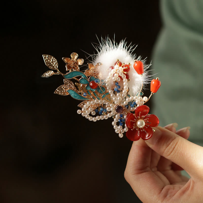 Pince à cheveux chinoise en perles et fleurs rouges | Épingles à cheveux chinoises