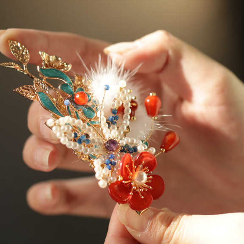 Pince à cheveux chinoise en perles et fleurs rouges | Épingles à cheveux chinoises