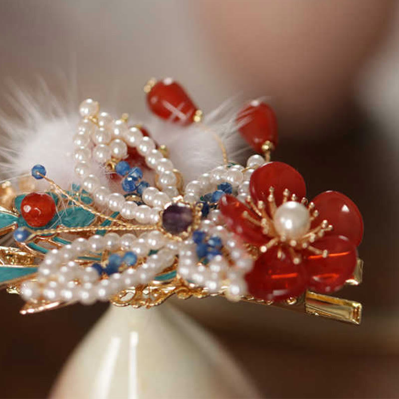 Pince à cheveux chinoise en perles et fleurs rouges | Épingles à cheveux chinoises