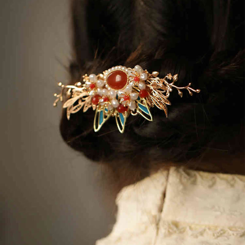 Pince à cheveux avec fleur rouge, papillon, perle, pompon, peigne, couronne, bijoux spirituels