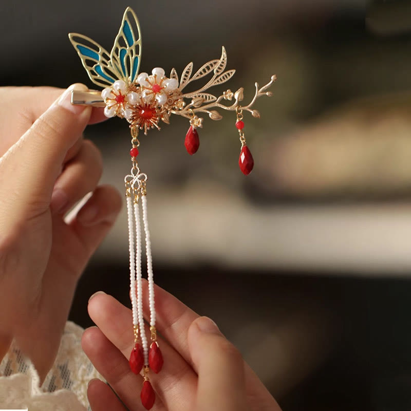 Pince à cheveux avec fleur rouge, papillon, perle, pompon, peigne, couronne, bijoux spirituels