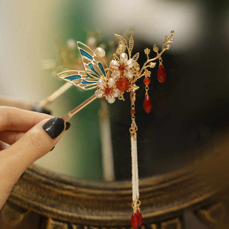 Pince à cheveux avec fleur rouge, papillon, perle, pompon, peigne, couronne, bijoux spirituels