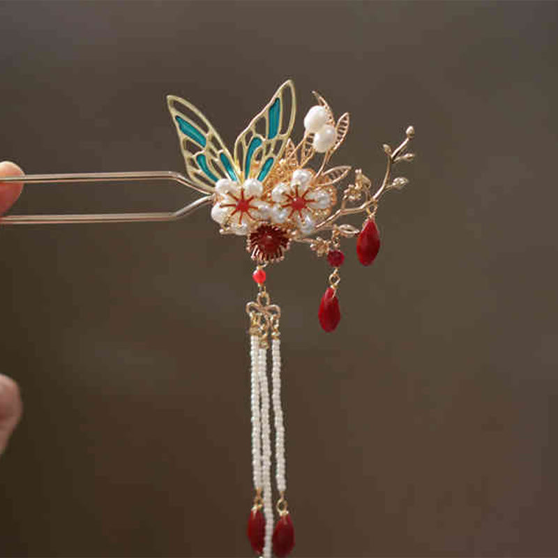 Pince à cheveux avec fleur rouge, papillon, perle, pompon, peigne, couronne, bijoux spirituels
