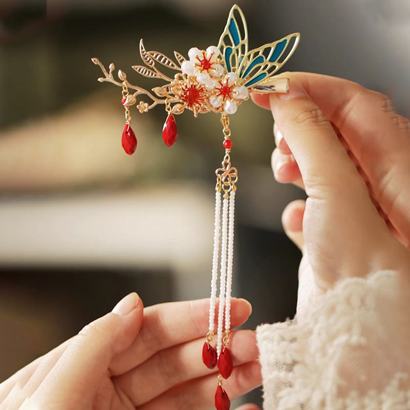 Pince à cheveux avec fleur rouge, papillon, perle, pompon, peigne, couronne, bijoux spirituels
