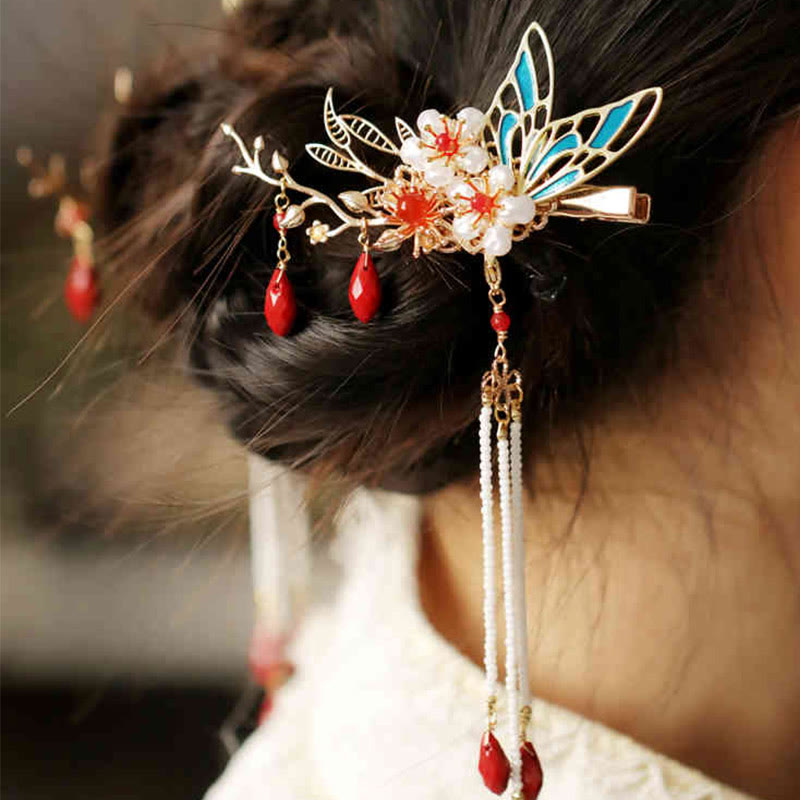 Pince à cheveux avec fleur rouge, papillon, perle, pompon, peigne, couronne, bijoux spirituels