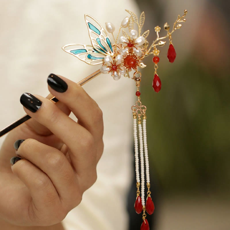 Pince à cheveux avec fleur rouge, papillon, perle, pompon, peigne, couronne, bijoux spirituels
