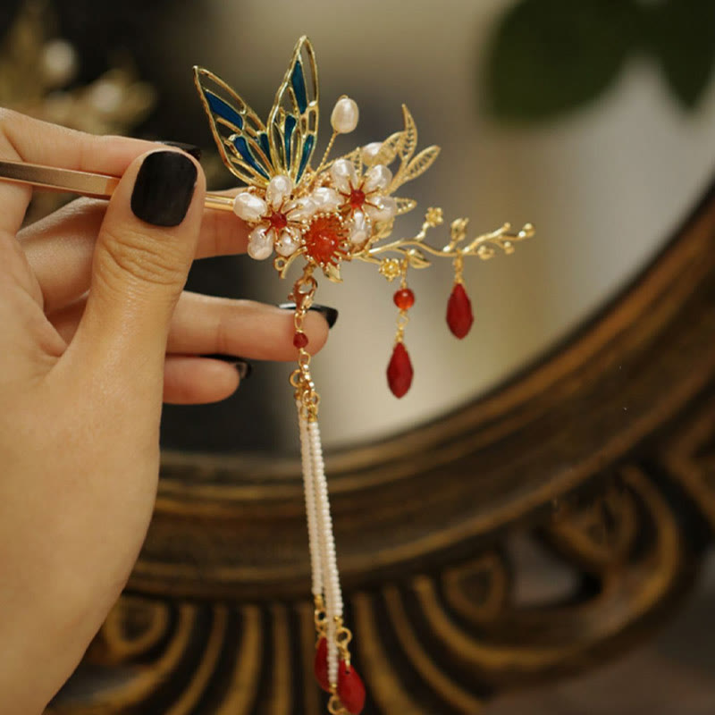 Pince à cheveux avec fleur rouge, papillon, perle, pompon, peigne, couronne, bijoux spirituels