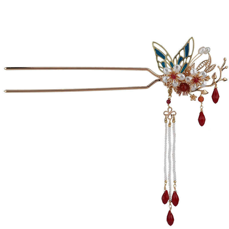 Pince à cheveux avec fleur rouge, papillon, perle, pompon, peigne, couronne, bijoux spirituels