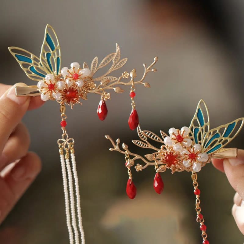 Pince à cheveux avec fleur rouge, papillon, perle, pompon, peigne, couronne, bijoux spirituels