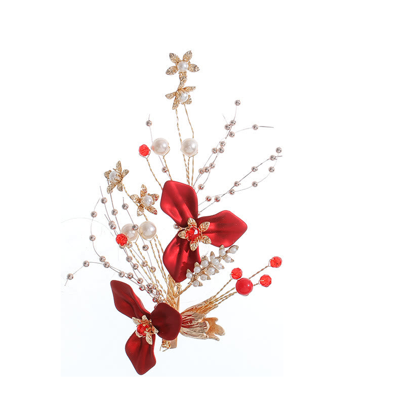 Pince à cheveux en perles et fleurs rouges | Épingle à cheveux de mariage chinoise