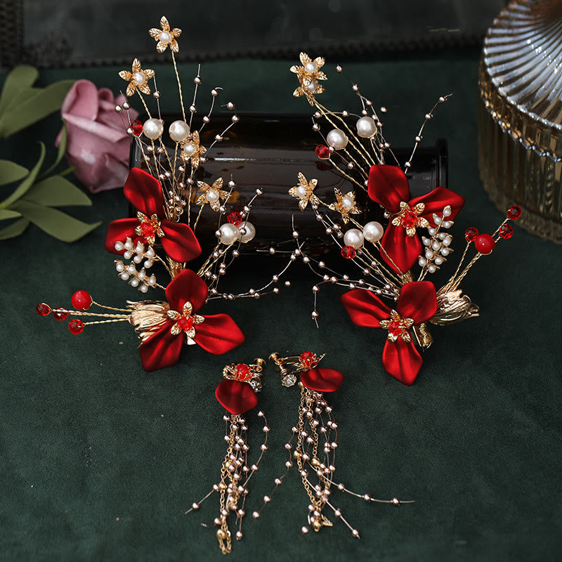 Pince à cheveux en perles et fleurs rouges | Épingle à cheveux de mariage chinoise