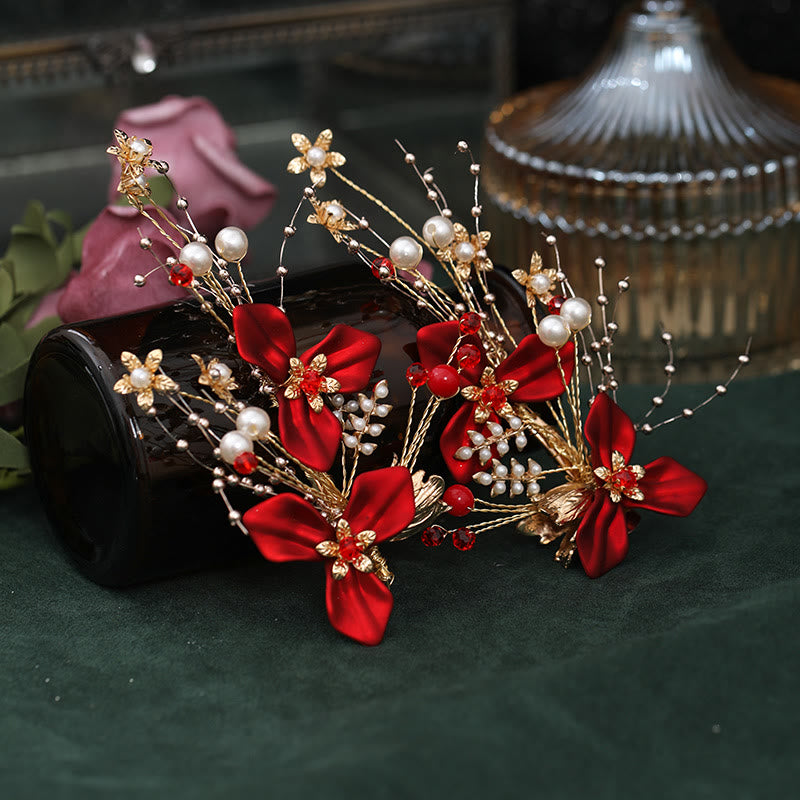Pince à cheveux en perles et fleurs rouges | Épingle à cheveux de mariage chinoise