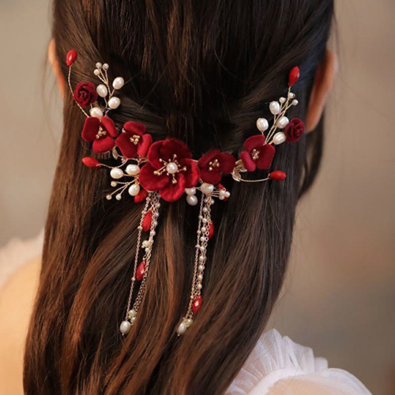 Pince à cheveux chinoise avec rose rouge et perles | Élégante épingle à cheveux de mariée