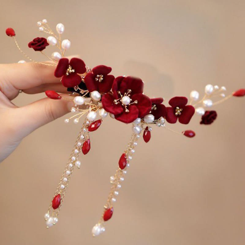 Pince à cheveux chinoise avec rose rouge et perles | Élégante épingle à cheveux de mariée