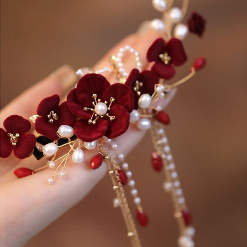 Pince à cheveux chinoise avec rose rouge et perles | Élégante épingle à cheveux de mariée
