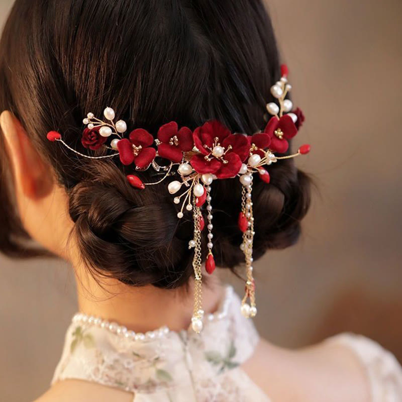 Pince à cheveux chinoise avec rose rouge et perles | Élégante épingle à cheveux de mariée