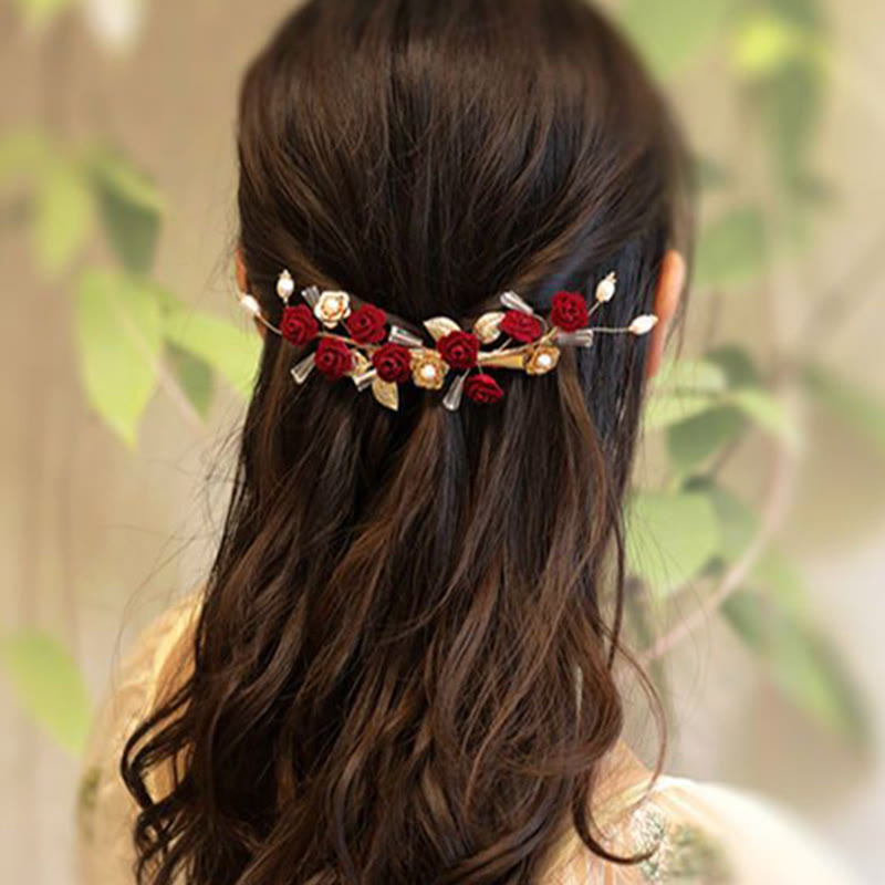Pince à cheveux chinoise avec rose rouge et perles | Élégante épingle à cheveux de mariée