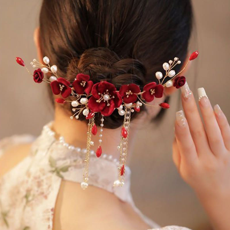 Pince à cheveux chinoise avec rose rouge et perles | Élégante épingle à cheveux de mariée