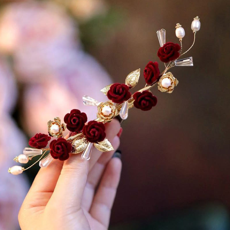 Pince à cheveux chinoise avec rose rouge et perles | Élégante épingle à cheveux de mariée