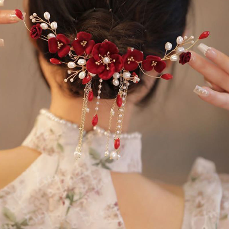 Pince à cheveux chinoise avec rose rouge et perles | Élégante épingle à cheveux de mariée