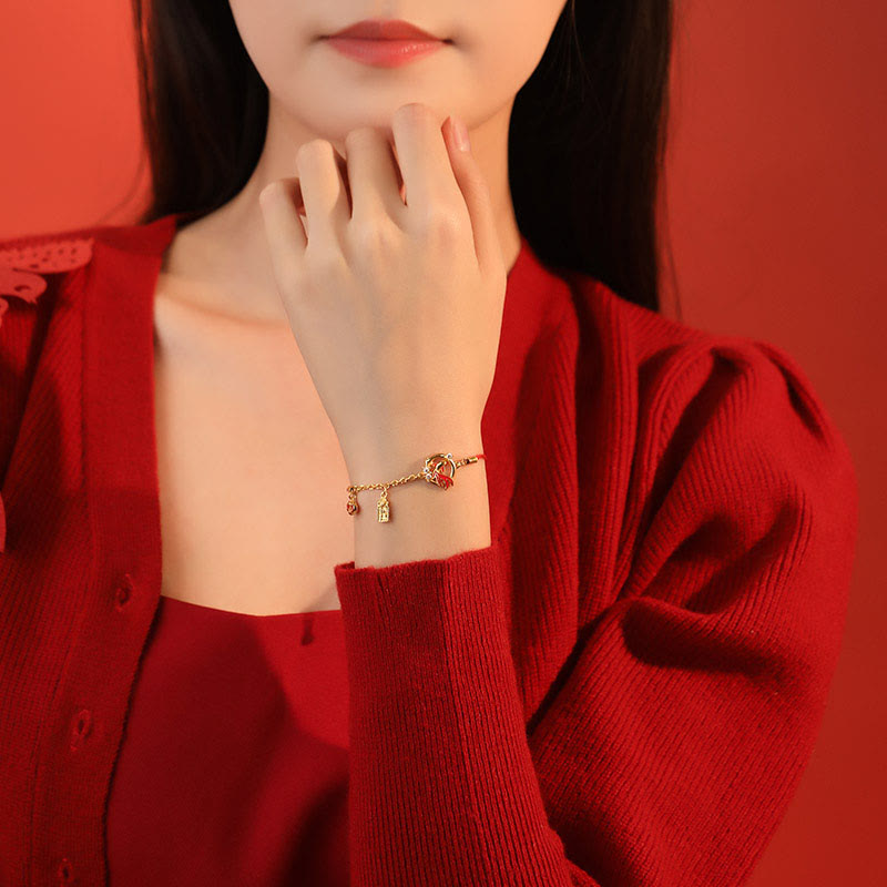 Bracelet porte-bonheur en argent sterling 925 avec cordon rouge et poisson koï (13-17 cm)