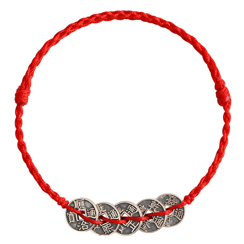 Bracelet de protection en argent 925 avec cinq pièces impériales et fil rouge