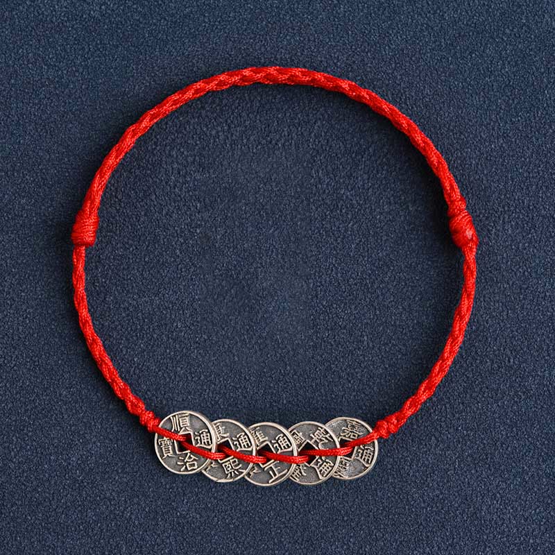 Bracelet de protection en argent 925 avec cinq pièces impériales et fil rouge
