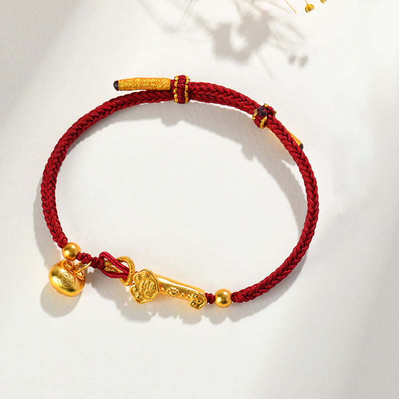 Bracelet tressé porte-bonheur en fil rouge Fu avec bâton Ruyi