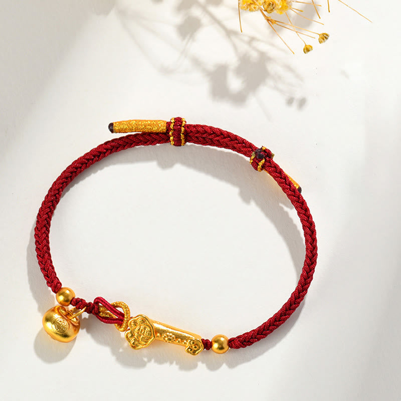 Bracelet tressé porte-bonheur en fil rouge Fu avec bâton Ruyi