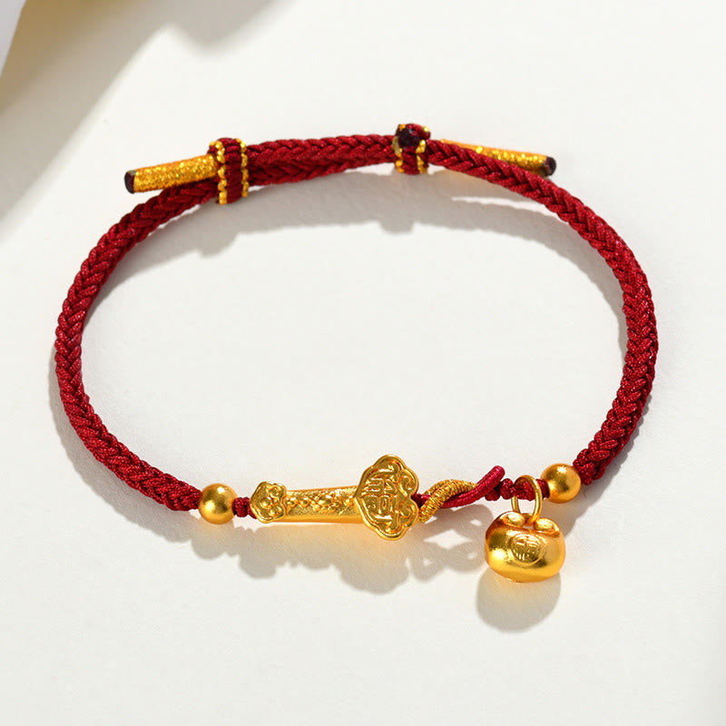 Bracelet tressé porte-bonheur en fil rouge Fu avec bâton Ruyi