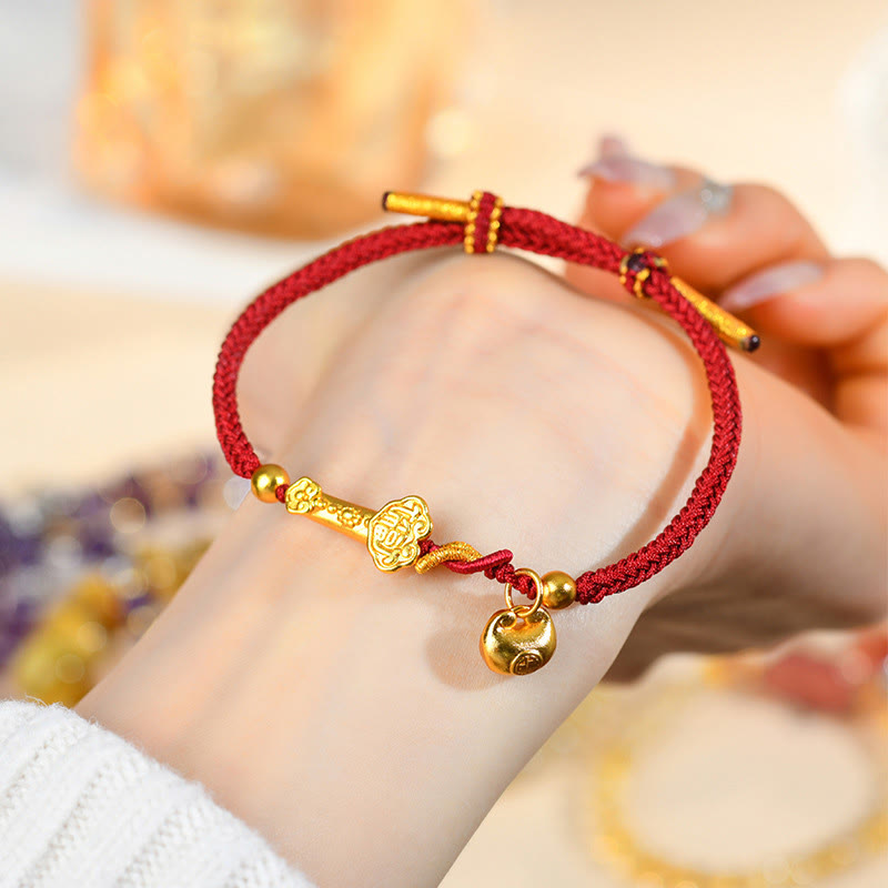 Bracelet tressé porte-bonheur en fil rouge Fu avec bâton Ruyi