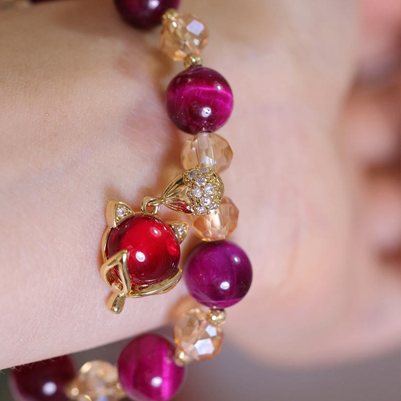 Bracelet de protection en œil de tigre rouge avec breloques Pixiu et renard