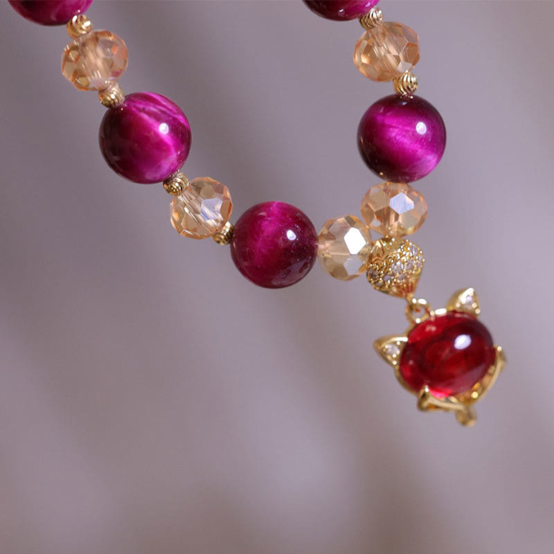 Bracelet de protection en œil de tigre rouge avec breloques Pixiu et renard