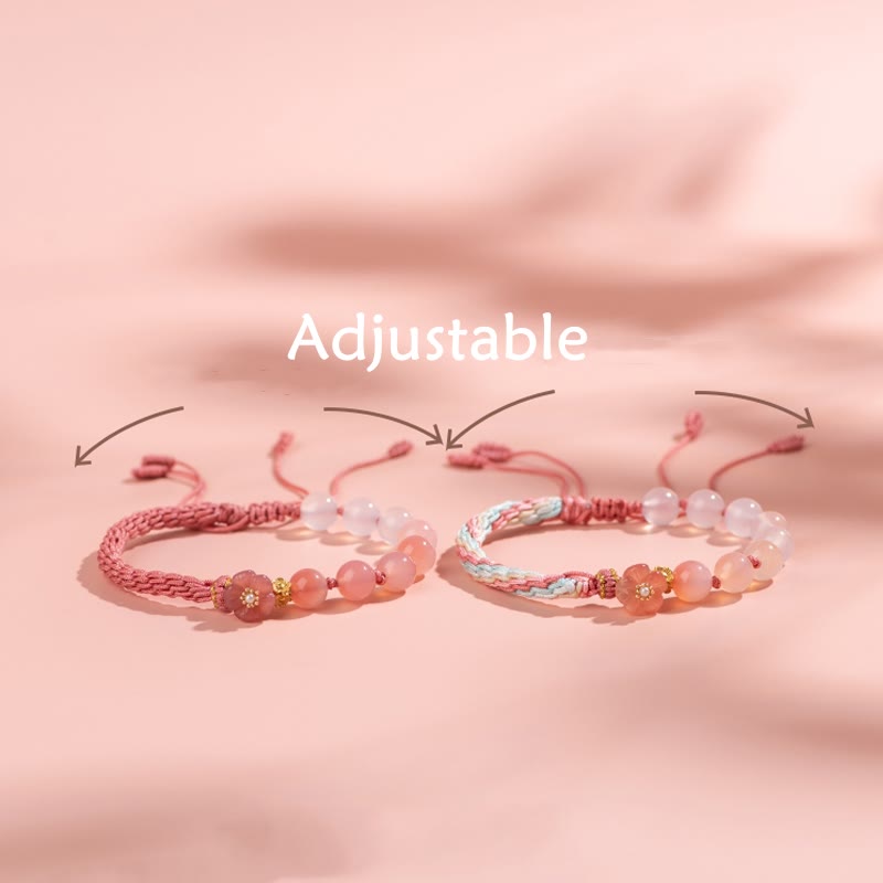 Bracelet en agate à nœud de réincarnation avec breloque en fleur de pêcher