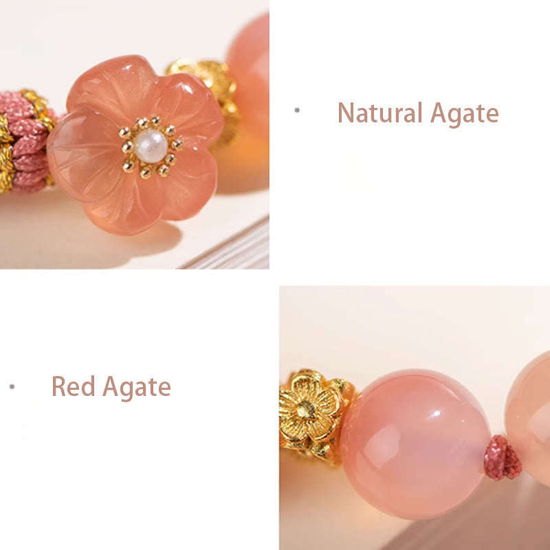 Bracelet en agate à nœud de réincarnation avec breloque en fleur de pêcher