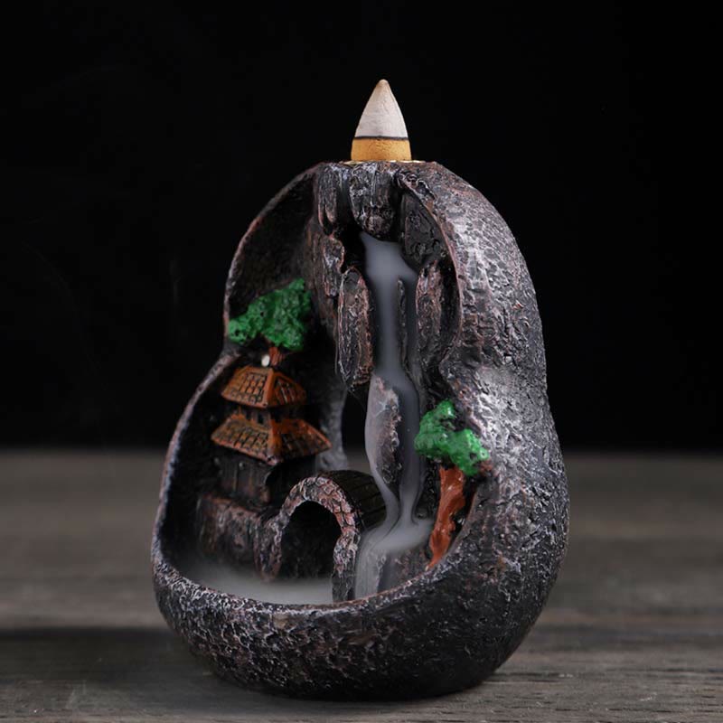 Brûle-encens Bouddha en résine avec motif de ponts de montagne
