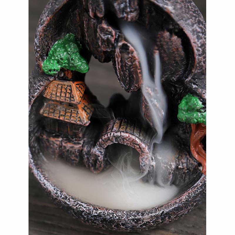 Brûle-encens Bouddha en résine avec motif de ponts de montagne