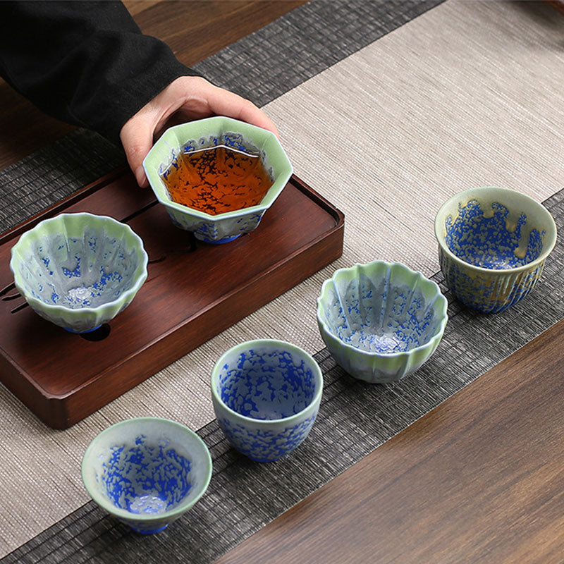 Bol à thé en céramique rétro dégradé bleu rouge lotus