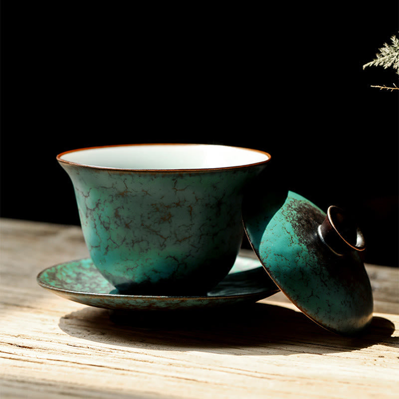 Ensemble de tasses à thé Gaiwan en céramique émaillée verte rétro 180 ml
