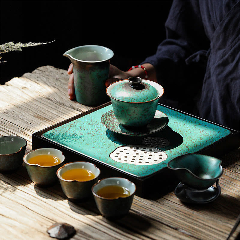 Ensemble de tasses à thé Gaiwan en céramique émaillée verte rétro 180 ml